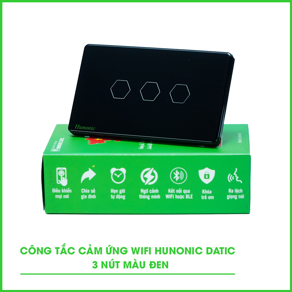 Công Tắc Cảm Ứng 3 Nút Wifi Hunonic Datic Màu Đen